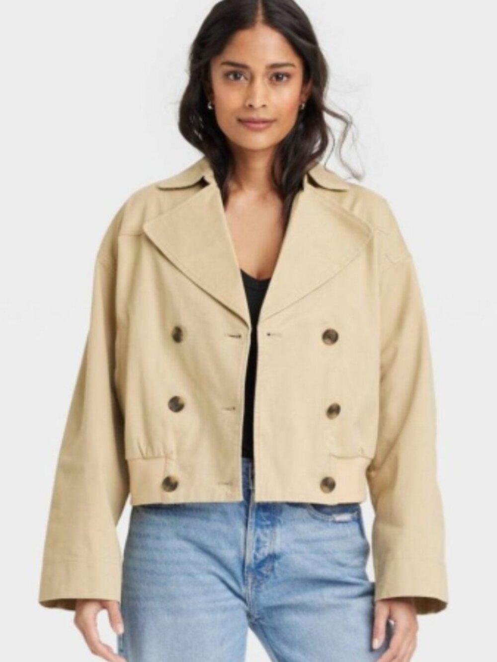Women's Long Sleeve cropped Trench Coat Tan/Khaki